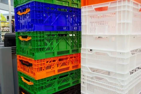 Colourful container box Plastic Basket stack Logistic business 스톡 사진