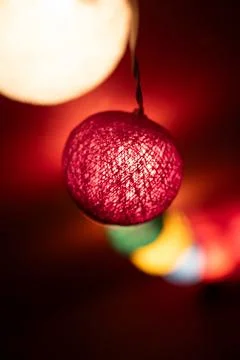 Colourful Cotton Ball String Lights Bokeh Close Up Festive Stock Photos