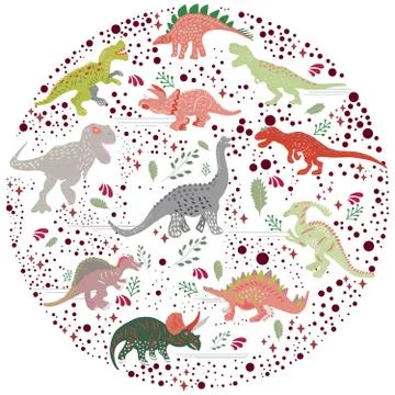 Colourful dinosaurs round flat hand drawn composition on white background Stock Illustration