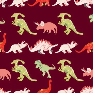 Colourful dinosaurs seamless pattern on brown background Stock Illustration