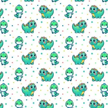 Colourful doodle jurassic pattern with cute dino. Seamless vector print Stock Illustration