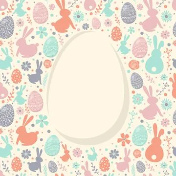 Colourful Easter background with decorative eggs, bunnies and flowers. Layout Stock Illustration