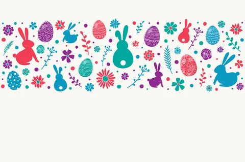 Colourful Easter decoration. White background with decorative eggs, bunnies a Stock Illustration