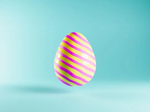 Colourful Easter egg with lines pattern. CGI spring festive, blue, yellow and Stock Illustration