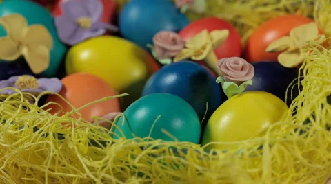 Colourful Easter eggs in a basket.  Stock Footage 3679272
