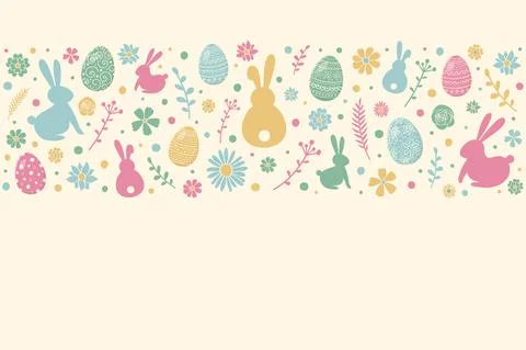 Colourful Easter eggs, bunnies and flowers on white background with copyspace Illustrazione stock