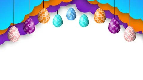 Colourful Easter eggs hanging on clouds and copy space decoration Stock Illustration
