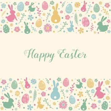 Colourful Easter greeting card with decorative eggs, bunnies and flowers. Vec Stock Illustration