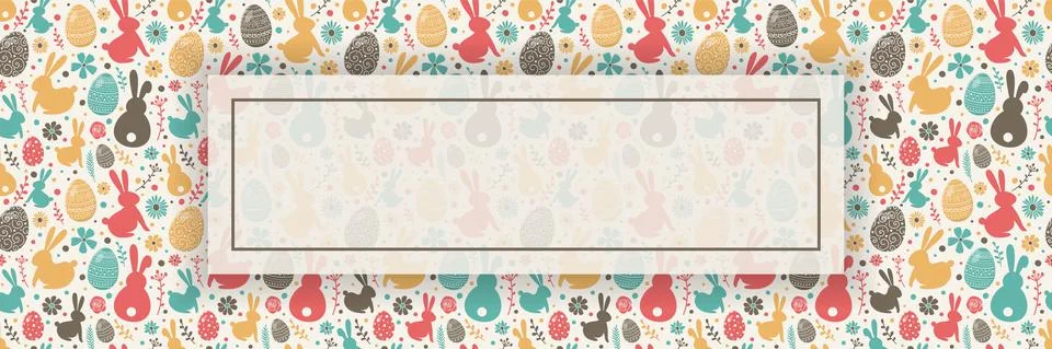 Colourful Easter pattern with decorative eggs, bunnies and flowers. Banner wi Illustrazione stock