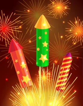 Colourful Exploding Rockets on Bright Background Illustrazione stock