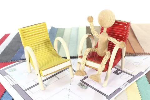 Colourful fabric pattern with a flat floor plan and a set of armchairs Foto stock