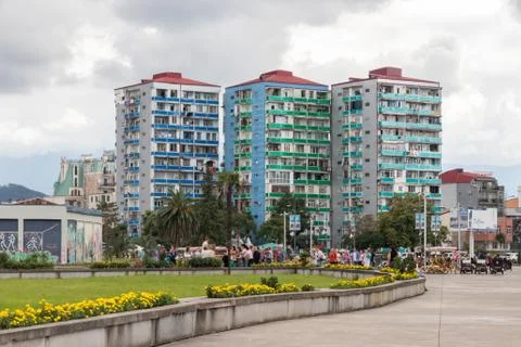 Colourful facade of old multi-storey apartment building in Batumi, Georgia Stockfoto's
