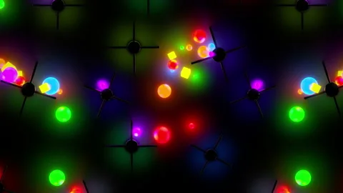 Colourful falling neon balls and cubes, bouncing from obstacles on background Stock Footage 146483607