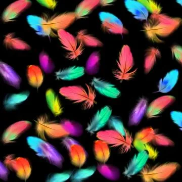 Colourful feathers falling with black background Stock Illustration