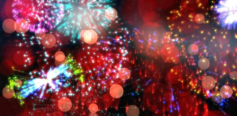 Colourful fireworks exploding on black background Stockillustratie