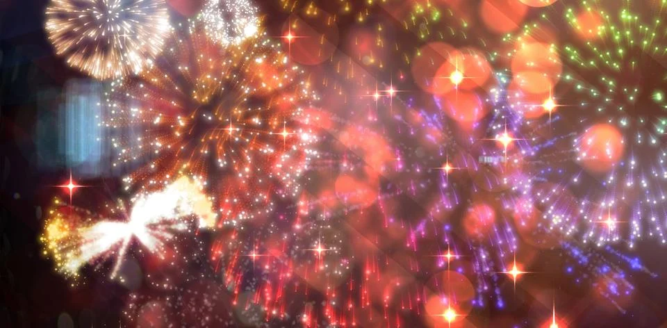 Colourful fireworks exploding on black background Illustrazione stock