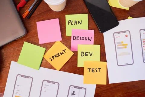 Colourful flat lay of software development lifecycle - plan, design, dev, test Foto stock