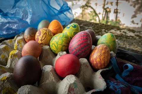 Colourful freshly painted Easter eggs in Orthodox Bulgaria Stock Photos
