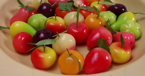 Colourful fruit and vegetable shaped beautiful Thai sweet mung bean coconut.. Stock Footage 274060554