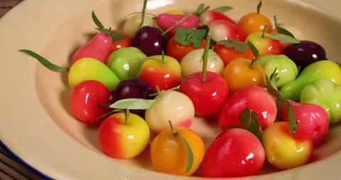 Colourful fruit and vegetable shaped beautiful Thai sweet mung bean coconut.. Stock Footage 274060565