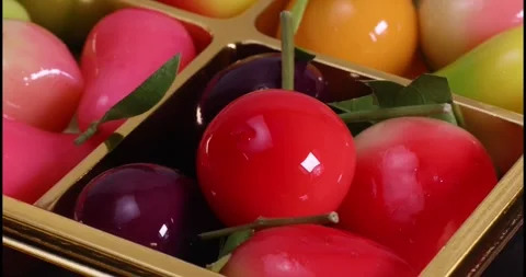 Colourful fruit and vegetable shaped beautiful Thai sweet mung bean coconut.. Stock Footage 274060566
