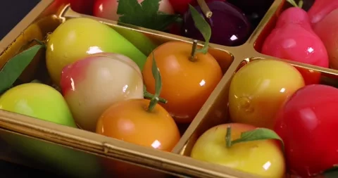 Colourful fruit and vegetable shaped beautiful Thai sweet mung bean coconut.. Stock Footage 274060569