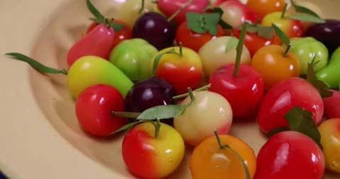 Colourful fruit and vegetable shaped beautiful Thai sweet mung bean coconut.. Stock Footage 274060592