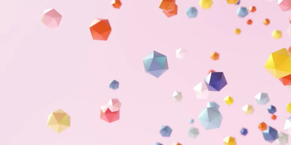 Colourful geometric objects on soft pink rose backgorund 3d render illustration 스톡 일러스트