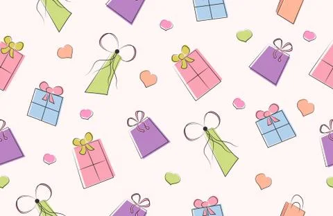 Colourful gift boxes seamless pattern with hearts. Stock vector illustrations. Stock Illustration
