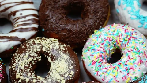 Colourful Glazed Donuts Assortment Close Up 4K Macro Sweet Dessert Pastry Stock Footage 341281954