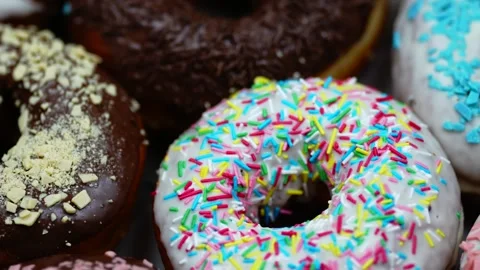 Colourful Glazed Donuts Assortment Close Up 4K Macro Sweet Dessert Pastry Stock Footage 341281955