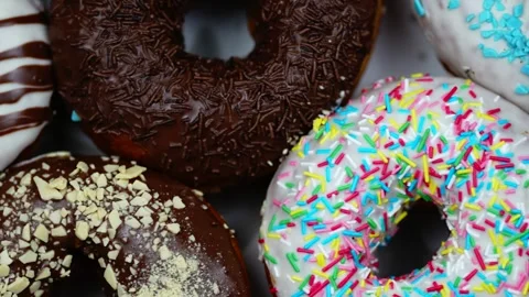 Colourful Glazed Donuts Assortment Close Up 4K Macro Sweet Dessert Pastry Stock Footage 341281959