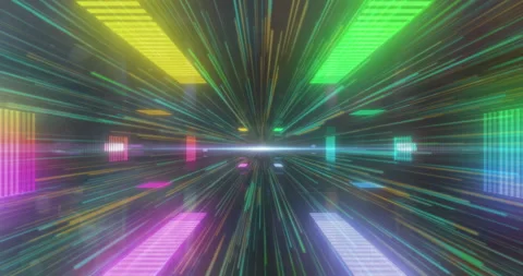 Colourful glowing rectangles moving over green and yellow starburst Stock Footage 146560206