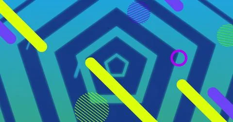 Colourful graphic elements over cooncentric blue hexagon outlines on blue Fotos Stock