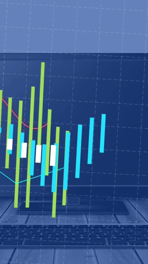 Colourful graphs processing data over computer screen and plant on desk Stock Footage 344614255