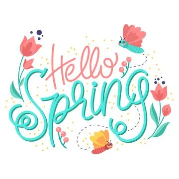 Colourful hello spring lettering with drawn flowers Stock Illustration