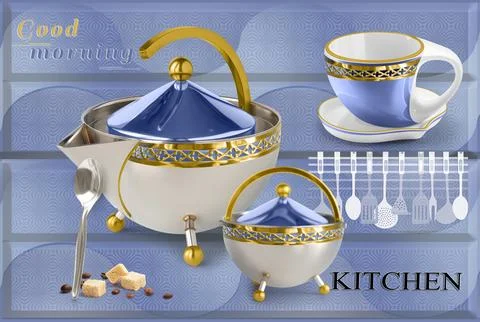 Colourful kitchen wall tile design for kitchen interior, 3D Rendering Stock Illustration