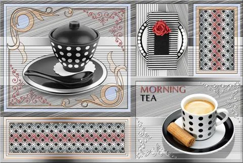 Colourful kitchen wall tile design for kitchen interior, 3D Rendering Stock Illustration