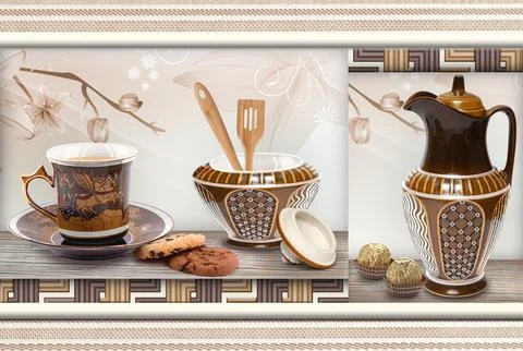Colourful kitchen wall tile design for kitchen interior, 3D Rendering Stock Illustration