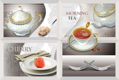 Colourful kitchen wall tile design for kitchen interior, 3D Rendering Stock Illustration