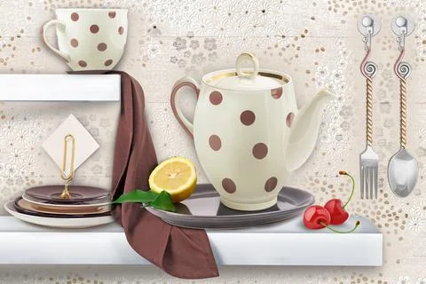 Colourful kitchen wall tile design for kitchen interior, 3D Rendering Stock Illustration