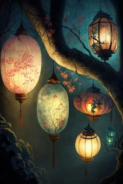 Colourful lanterns hanging on the tree Stock Illustration