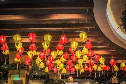Colourful lanterns shine on the ceiling of the mall in Ho Chi Minh City, Viet Stock Photos