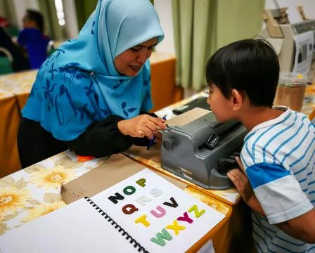 Colourful letters on the book as reference for the child to type into braille. Stock Photos