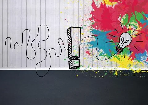 Colourful light bulb graphic in empty room Stock Illustration