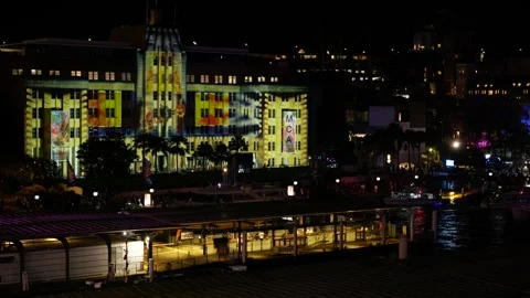 Colourful light display on MCA building during Sydney VIVID 6K Stock Footage 310375236