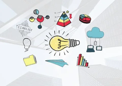 Colourful lightbulb and Statistics text with drawings graphics Illustrazione stock