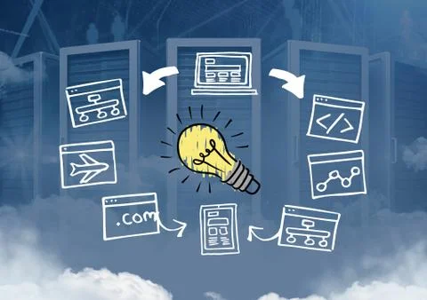 Colourful lightbulb with screen computer drawings graphics 스톡 일러스트