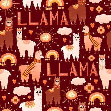 Colourful llama seamless pattern with tribal peru elements and ornate, cute イラスト素材