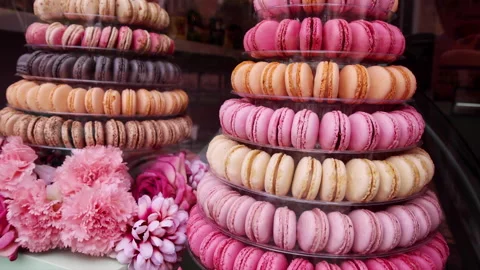 Colourful Macarons Towers on Display Video stock 284484515